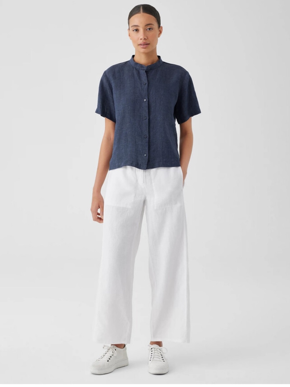 Eileen Fisher Washed 100% Organic Linen Delave Band Collar Shirt In Stone - Picture 2 of 15